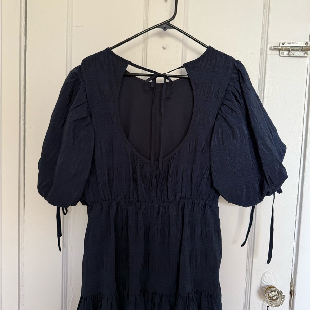 Moon River Puff Sleeve Navy Midi Christmas Holiday Dress With Stripe Texture M - Picture 5 of 7
